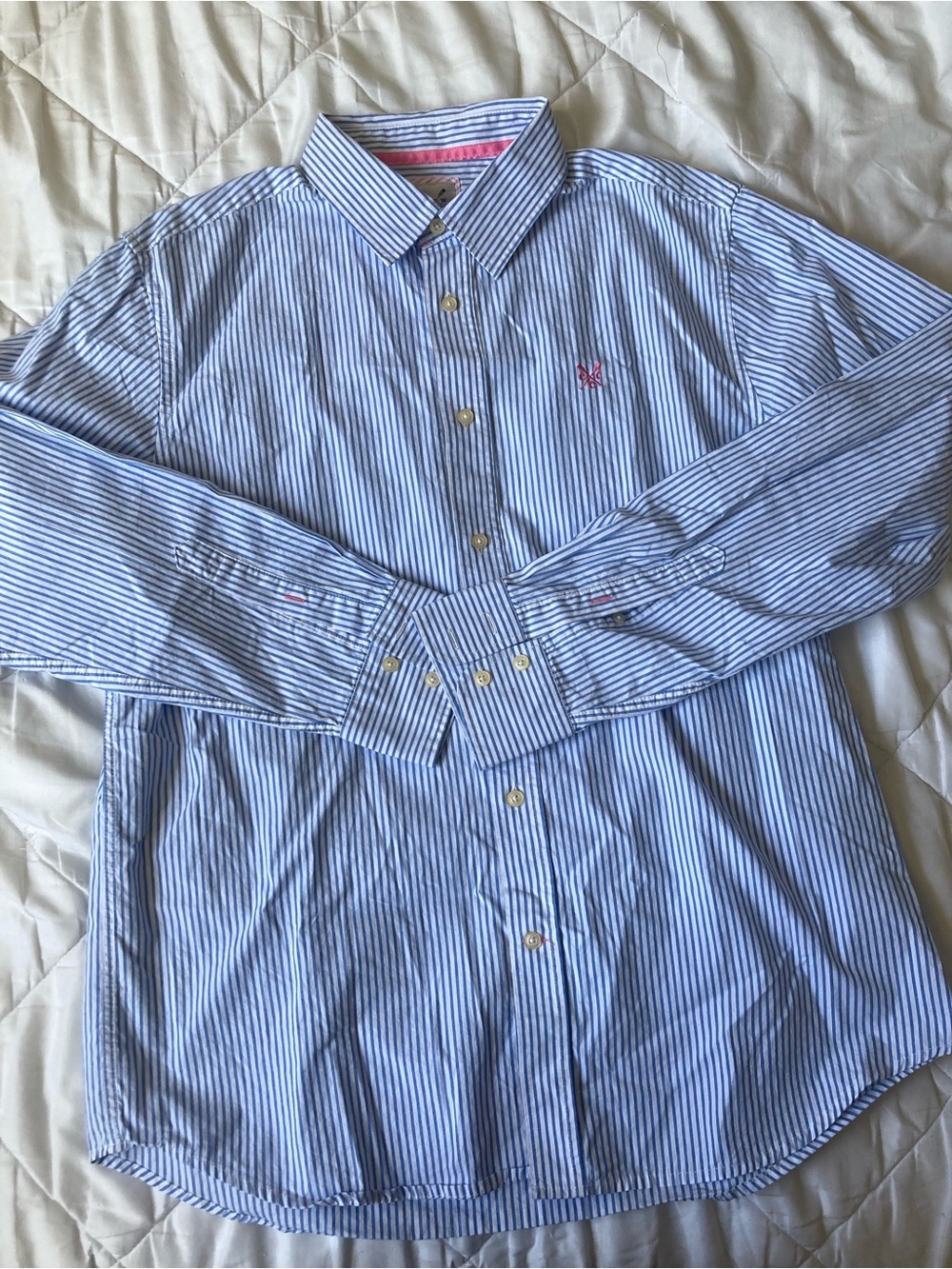Crew Clothing Co Men’s L Blue White Stripe Shirt Pink Trim Crossed Oars